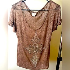 Tan See Through Bedazzled Cross V Cut